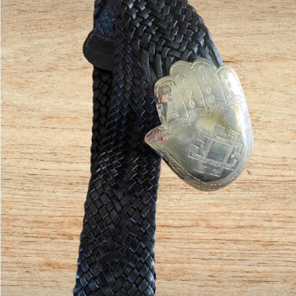 Vintage Braided Woven Black Leather Belt with Polished Silver Hamsa Buckle main image 6